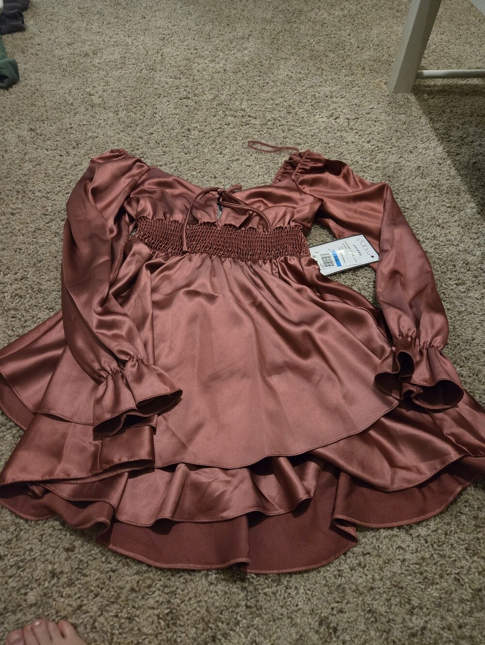 B DARKIN Satin Rust Long-Sleeve Ruffle Dress